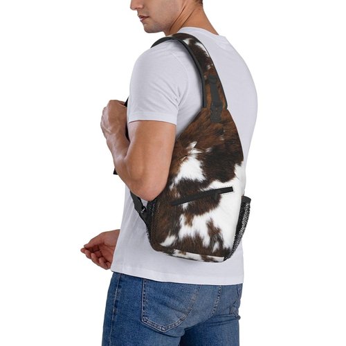 LOSTORCHI Cow Print Crossbody Sling Bags Spotted Cow Fur White and Brown Animal Skin Texture Sling Backpack for Women Men Casual Shoulder Bag Farmhouse Animal Skin Travel Gym Sports Hiking Daypack