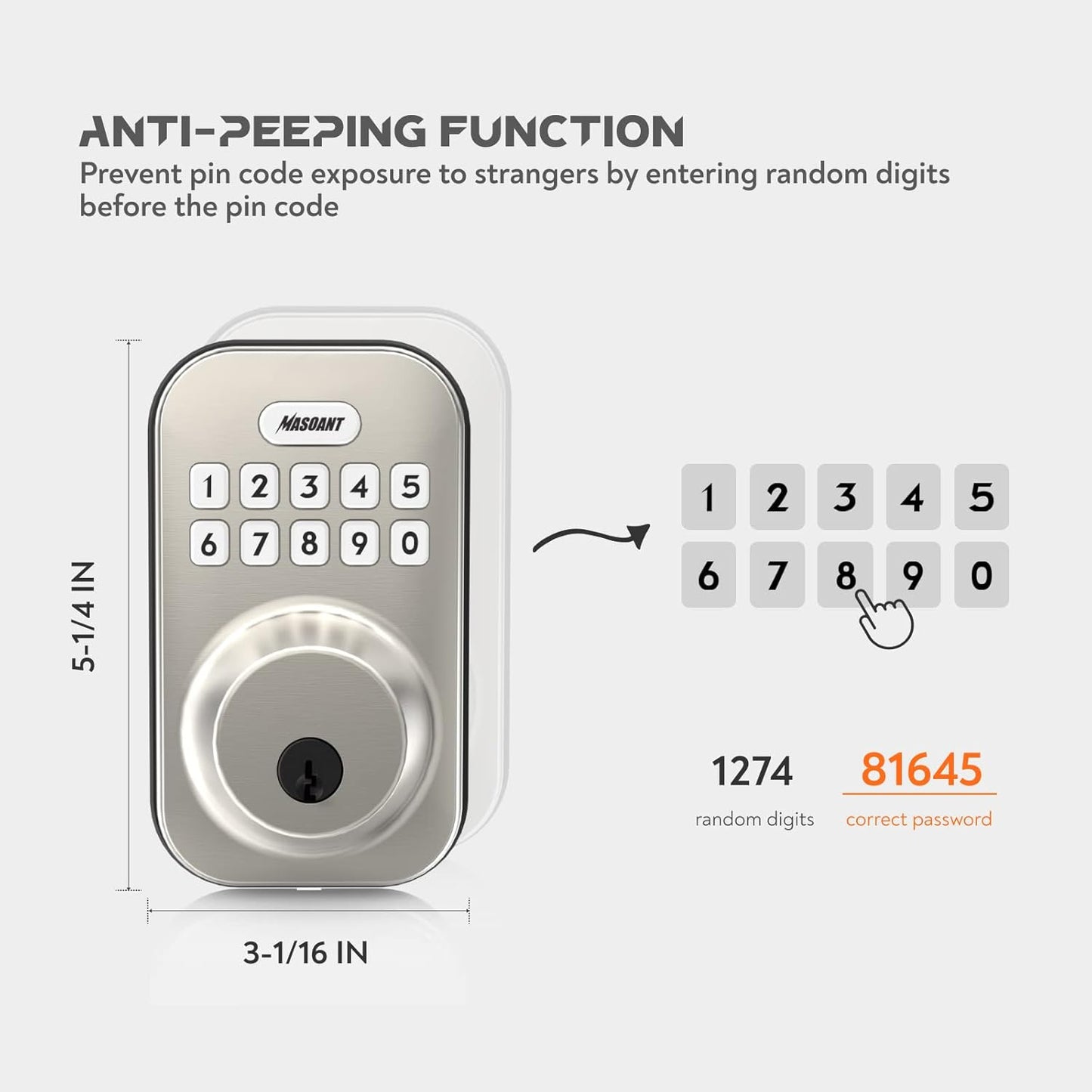 Brushed Nickel Keypad Deadbolt Lock - Electronic Keyless Front Door Auto Lock with Anti-Peeping Code