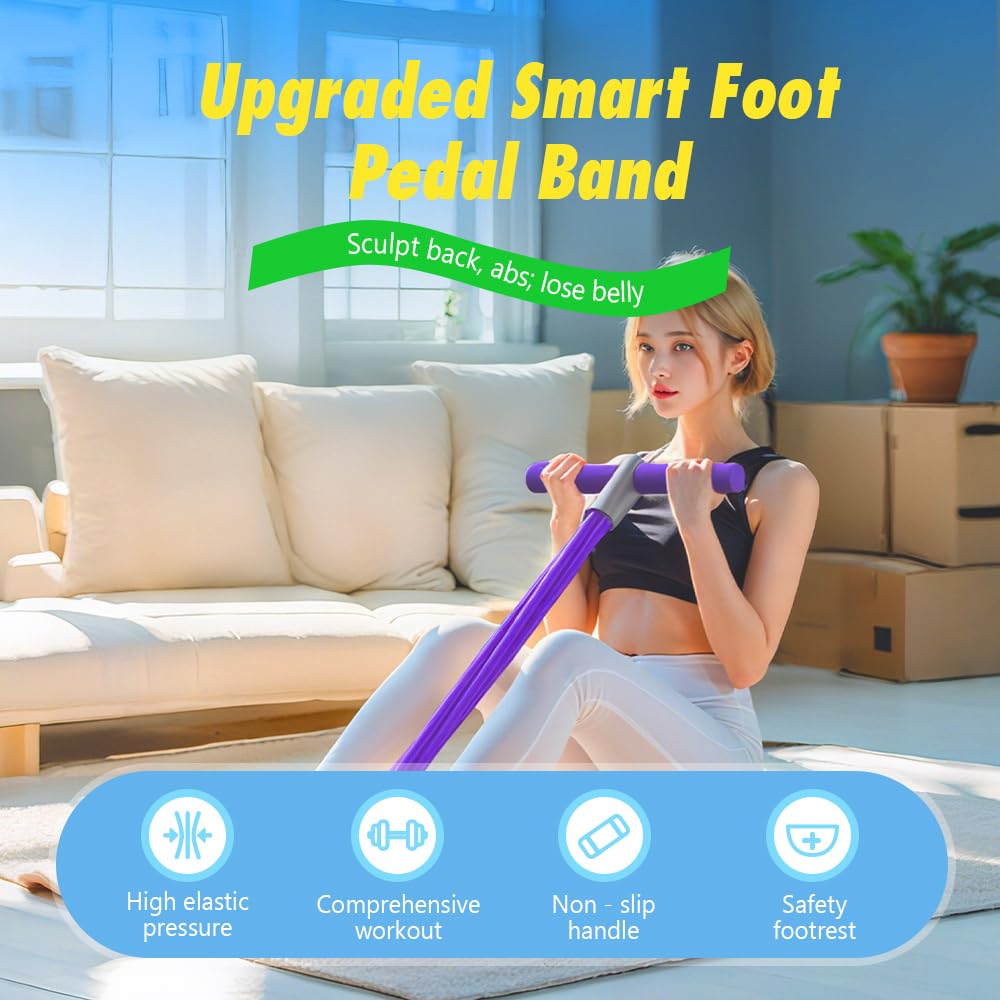 Pedal Resistance Bands with Handles, 2026 New 6-Tubes Manual Tension Training Pedal, Rubber Foot Pedal Resistance Bands, Multifunction Fitness Bands for Abdomen, Waist, Arm, Leg (Purple, Bold 4 Tubes)