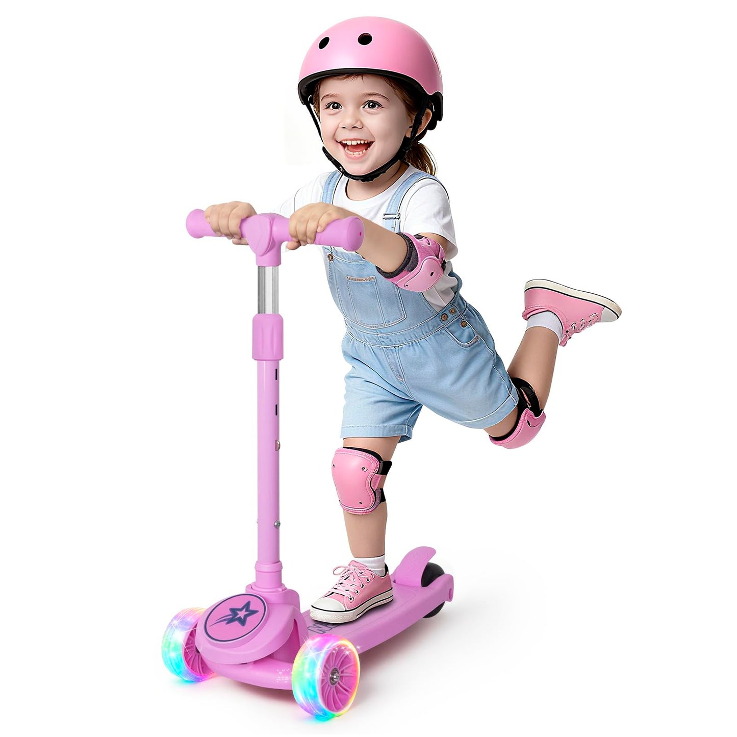 Nattork Kids Scooter for Girls Boys with Light Up Wheels, 3 Adjustable Height Handlebars, Lean-to-Steer Technology, Widen Anti-Slip Deck, 3 Wheel Scooter for kid ages 3-8, Support Riders Up to 110 LBS