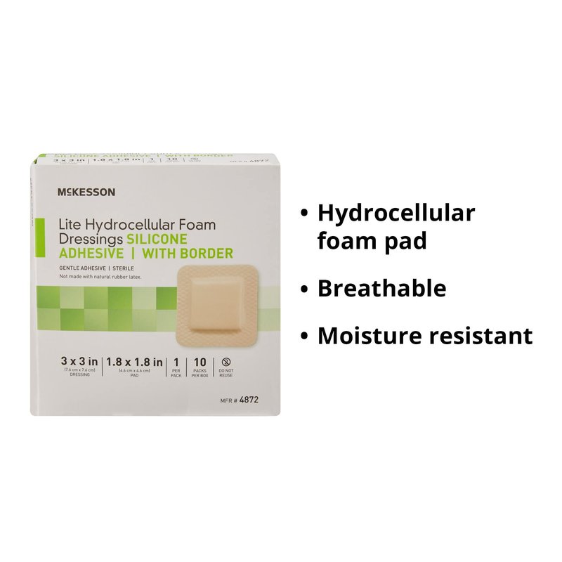 McKesson Lite Hydrocellular Foam Dressings, Sterile, Silicone Adhesive with Border, 3 in x 3 in, 10 Count, 1 Pack