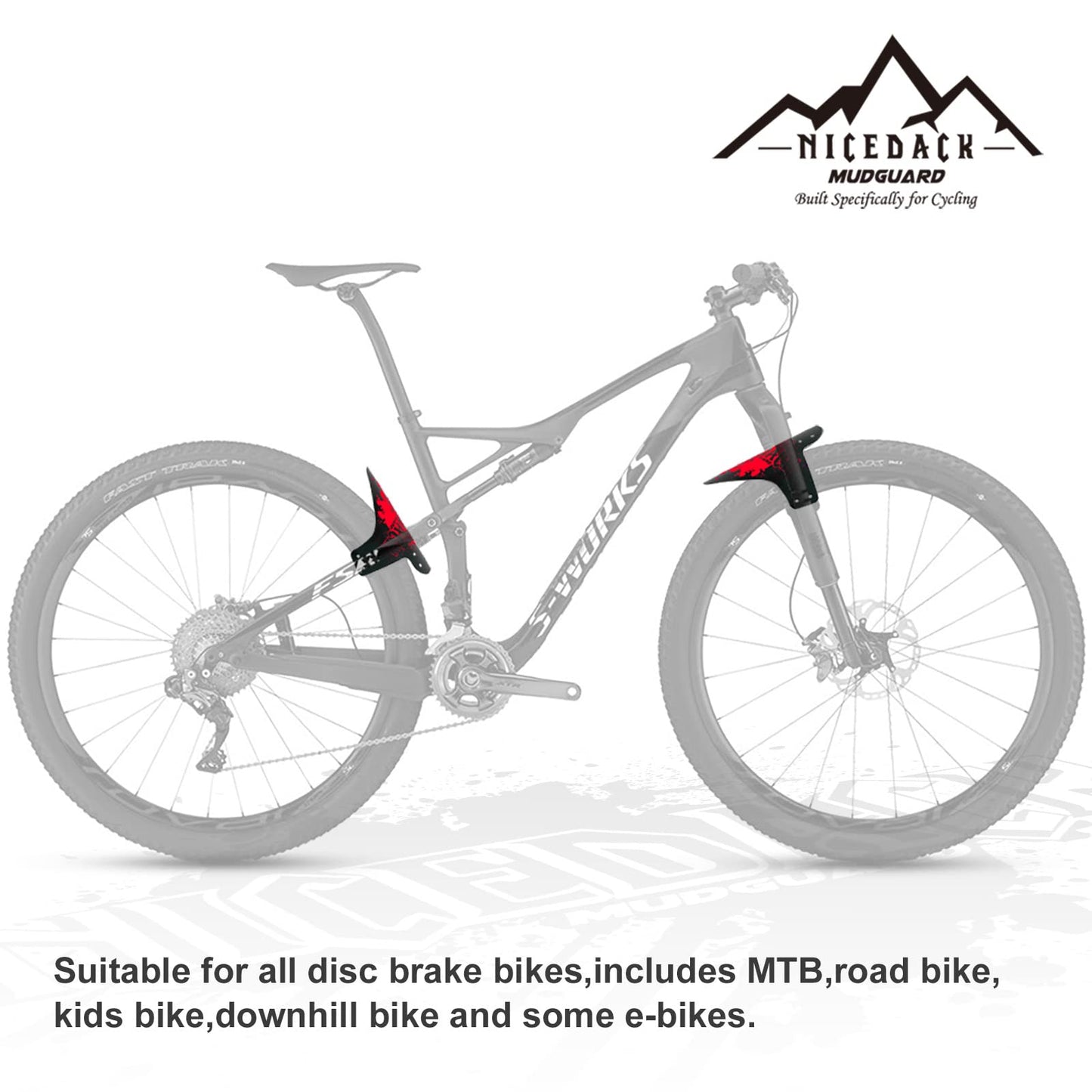 NICEDACK Mountian Bicycle Fender, 2PCS MTB Mud Guard, Front and Rear Bike Fender，Bike Mudguard Fits 26", 27.5", 29" Suitable for Bicycles (Fat Bike Wheel and Children Bicycle) (red)