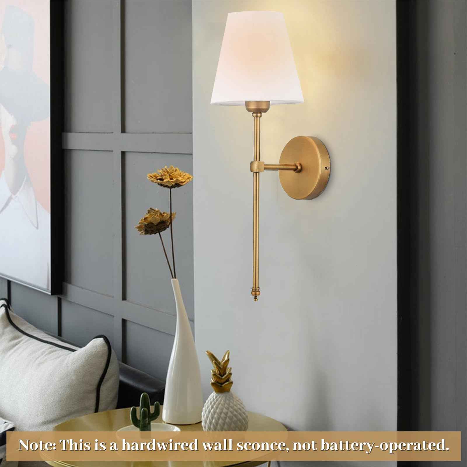 Bsmathom Wall Sconces Sets of 2, Hardwired Classic Brushed Brass Sconces Wall Lighting, Bathroom Vanity Light Fixture with Fabric Shade for Bedroom Living Room Hallway Kitchen, Gold