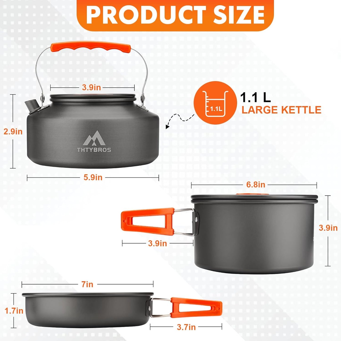 THTYBROS Camping Cookware Kit - 17-Piece Set with 0.45 Gal Pot, 7-Inch Pan & Stainless Steel Utensils