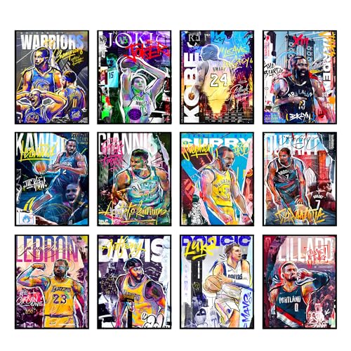 Basketball Posters Set of 12 for Boys Bedroom - Unframed, 8x10 in, Includes Curry, Kobe, LeBron & Warriors - Basketball 2