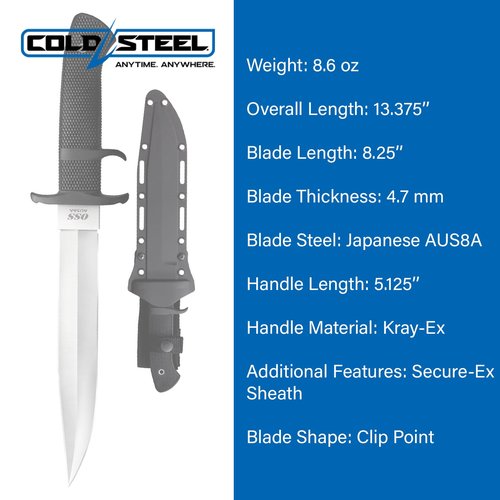 COLD STEEL OSS 8.25" Japanese AUS8A Clip Point Blade 5.125" Kray-Ex Handle Tactical Outdoor Hunting Fixed Blade Knife w/Secure-Ex Sheath