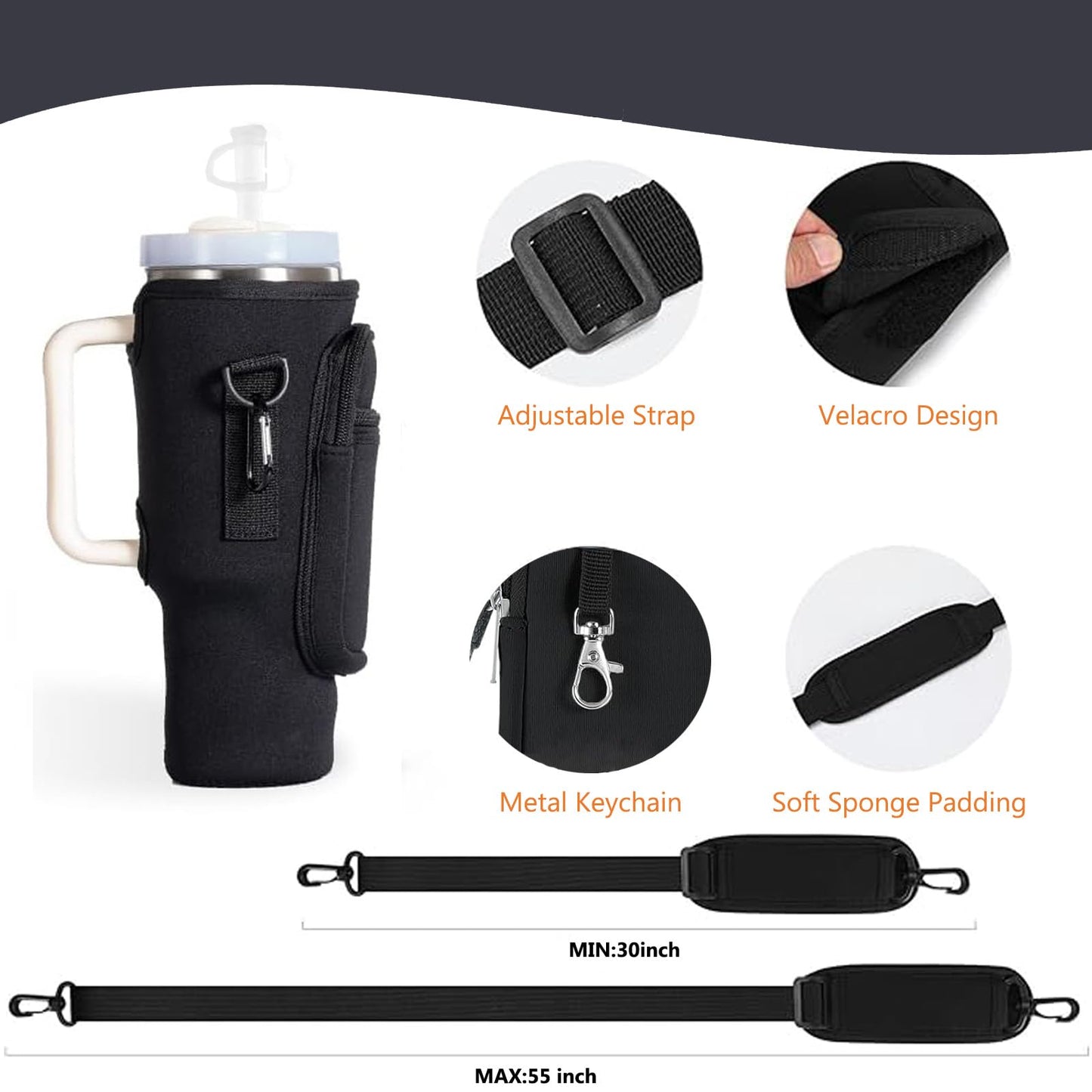 TECFUN CarryNext Water Bottle Carrier Bag with Phone Pocket for Stanley 40oz, Insulated Neoprene Water Bottle Holder Pouch with Adjustable Strap Bollus with Straw Cover & Carabiner Accessories-Lilac
