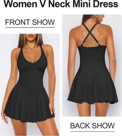 Hragc Women's V Neck Tennis Dress - Summer Athletic Golf Mini Dress with Pockets & Shorts
