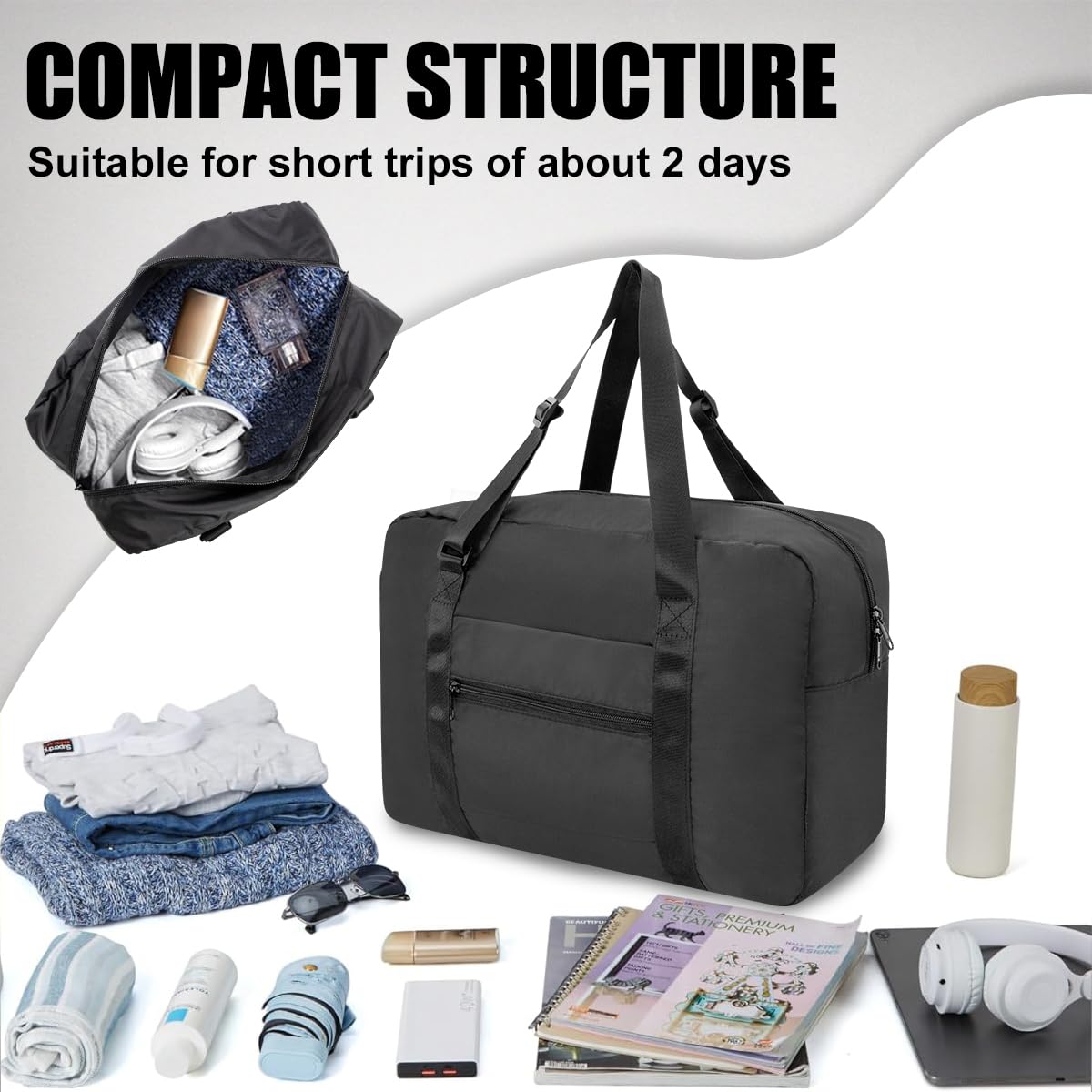 Small Duffle Bag for Travel, Personal Item Travel Bag Foldable Travel Tote Mini Gym Bag for Men Women, Black