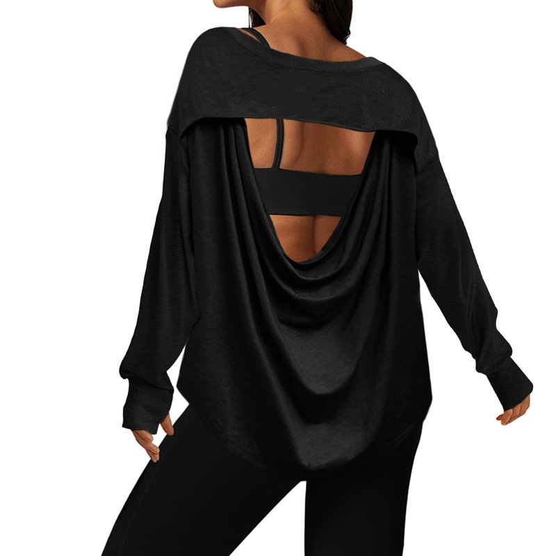 UNIANKIYA Open Back Workout Tops for Women Long Sleeve T Shirts Casual Activewear Athletic Yoga Gym Running Y2k Clothes Black