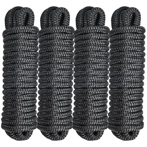 4 Pack 1/2" x 25' Dock Lines, Improved Nylon Boat Ropes, Black