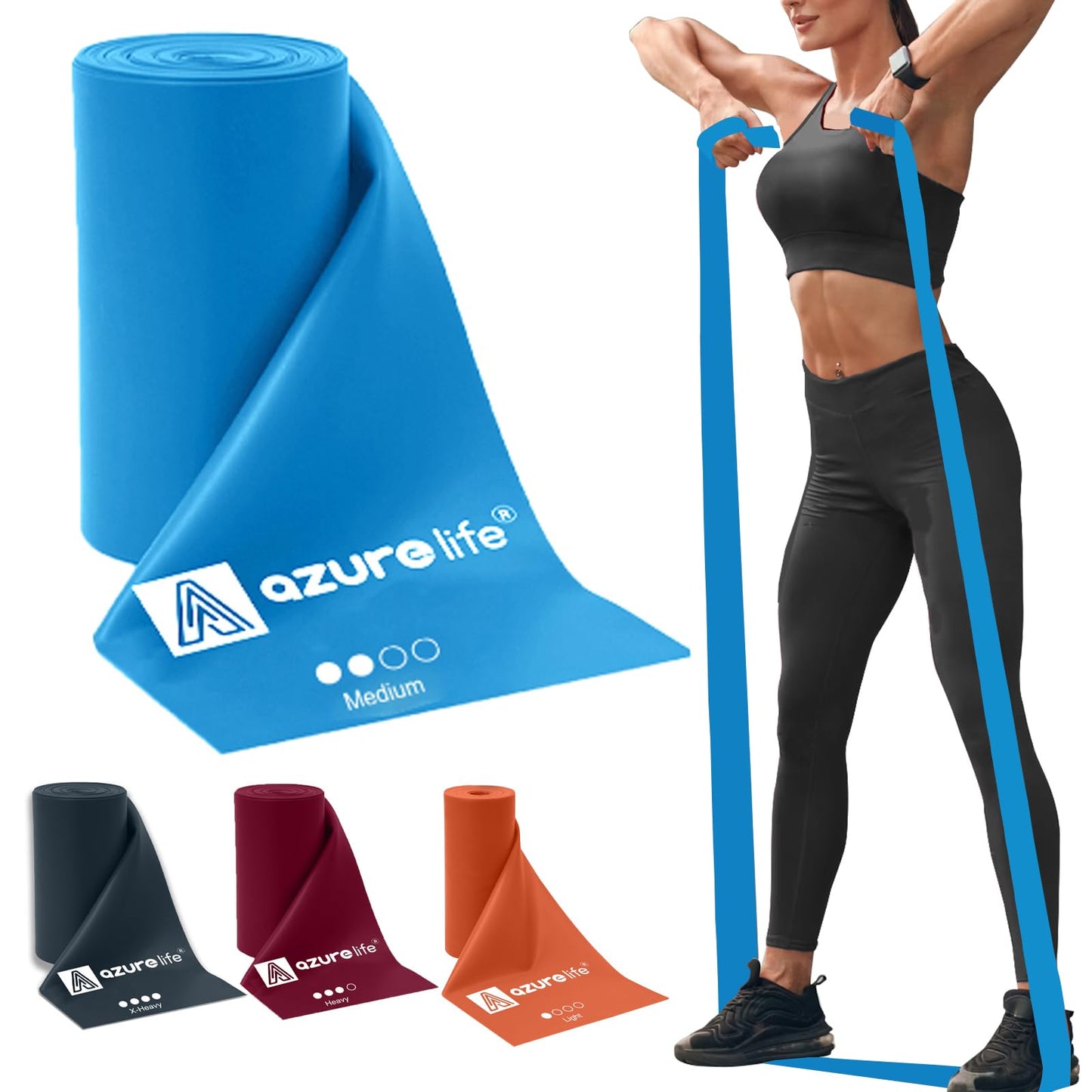 A AZURELIFE Professional Individual Exercise Resistance Bands, Single 5, 6,7 Ft or 8 Yards Elastic Bands, Non-Latex Stretch Bands for PT, Yoga, Pilates, Rehab, at-Home or The Gym Workouts