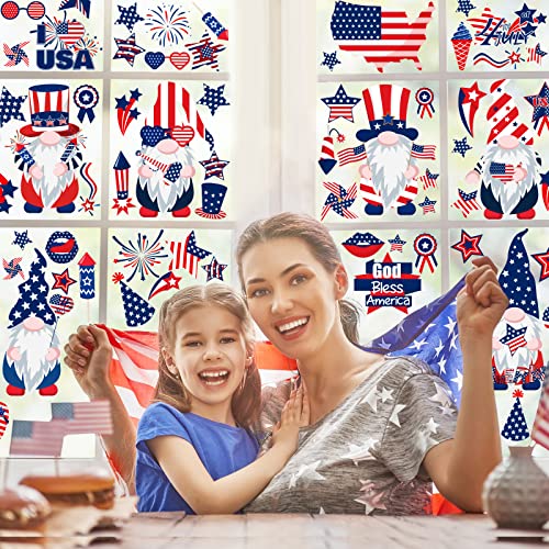 Patelai 6 Sheets 4th of July Decoration Patriotic Wall Stickers Independence Day Wall Decals American Flag Star Red White Blue Clings Memorial Day Window Clings for Patriotic Party Favors Decor(Gnome)