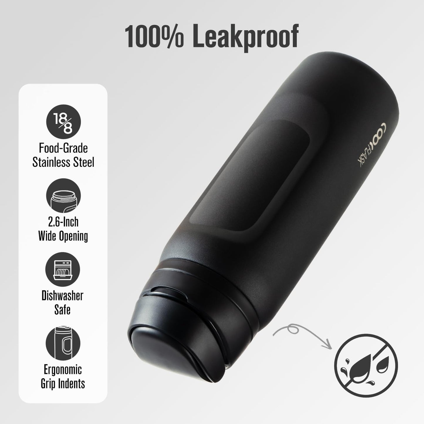 Coolflask MegaSip Stainless Steel Water Bottles 32 oz with Straw, Insulated Water Bottle Leak-Proof, 24+ Hours Cold, BPA-Free Dishwasher Safe, Water Flask for Sports Gym Work Office, Midnight Black