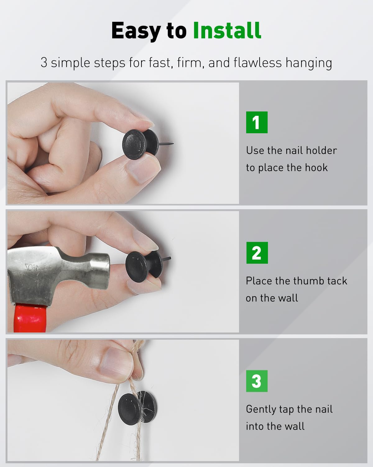 Uniclife 40 Pcs Thumb Tacks, Double Headed Picture Hangers, 4 Size Push Pins for Wall, Picture Hanging Nails, Long Wall Hooks for Pictures Photo Frame Tapestry and Decor, Black