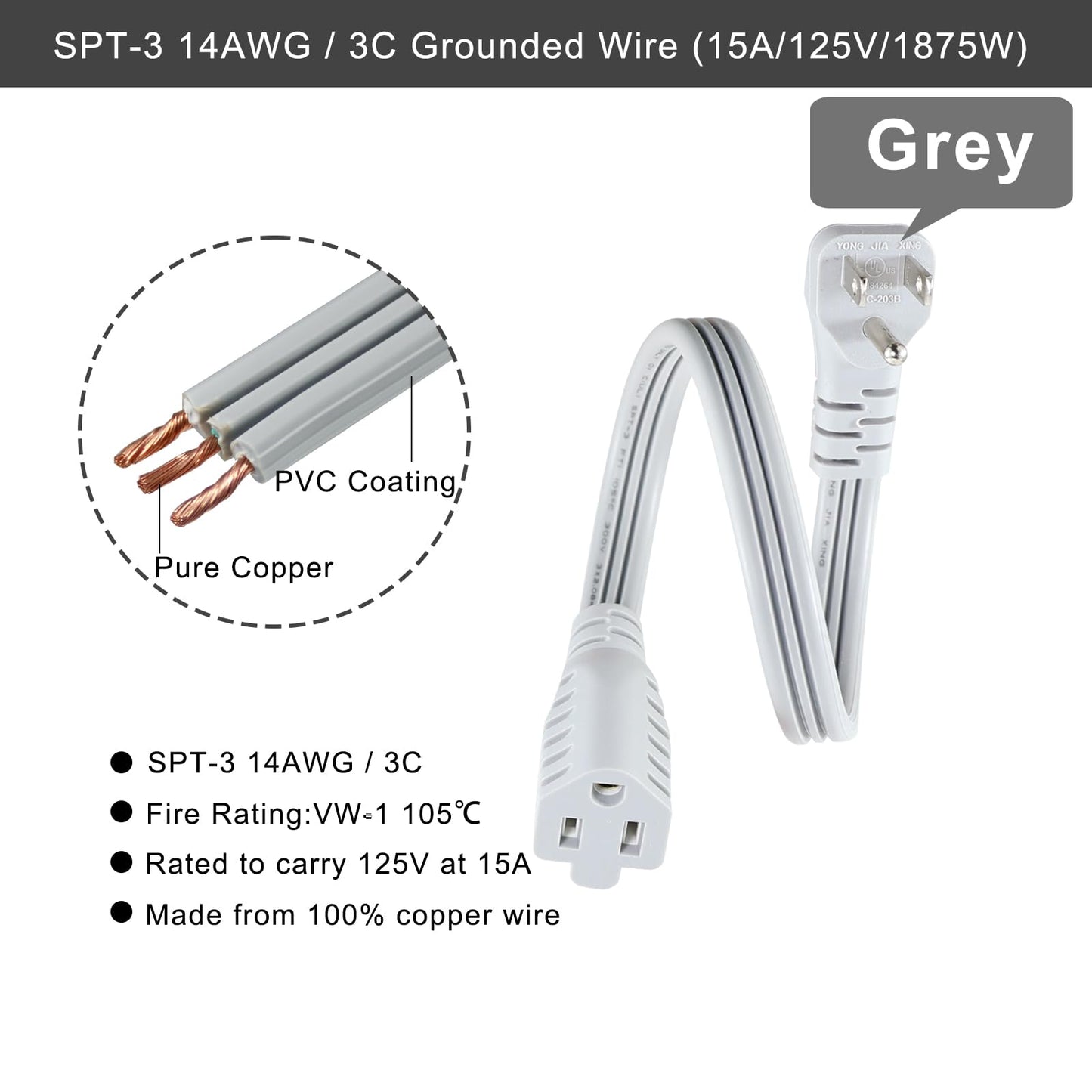 KUNCAN Appliance Power Extension Cord - 3 Prong Flat Wire SPT-3 14 AWG Heavy Duty Male to Female Extender Low Profile Grounded Cable for Major AC Unit, Air Conditioner, Refrigerator (1 Feet)