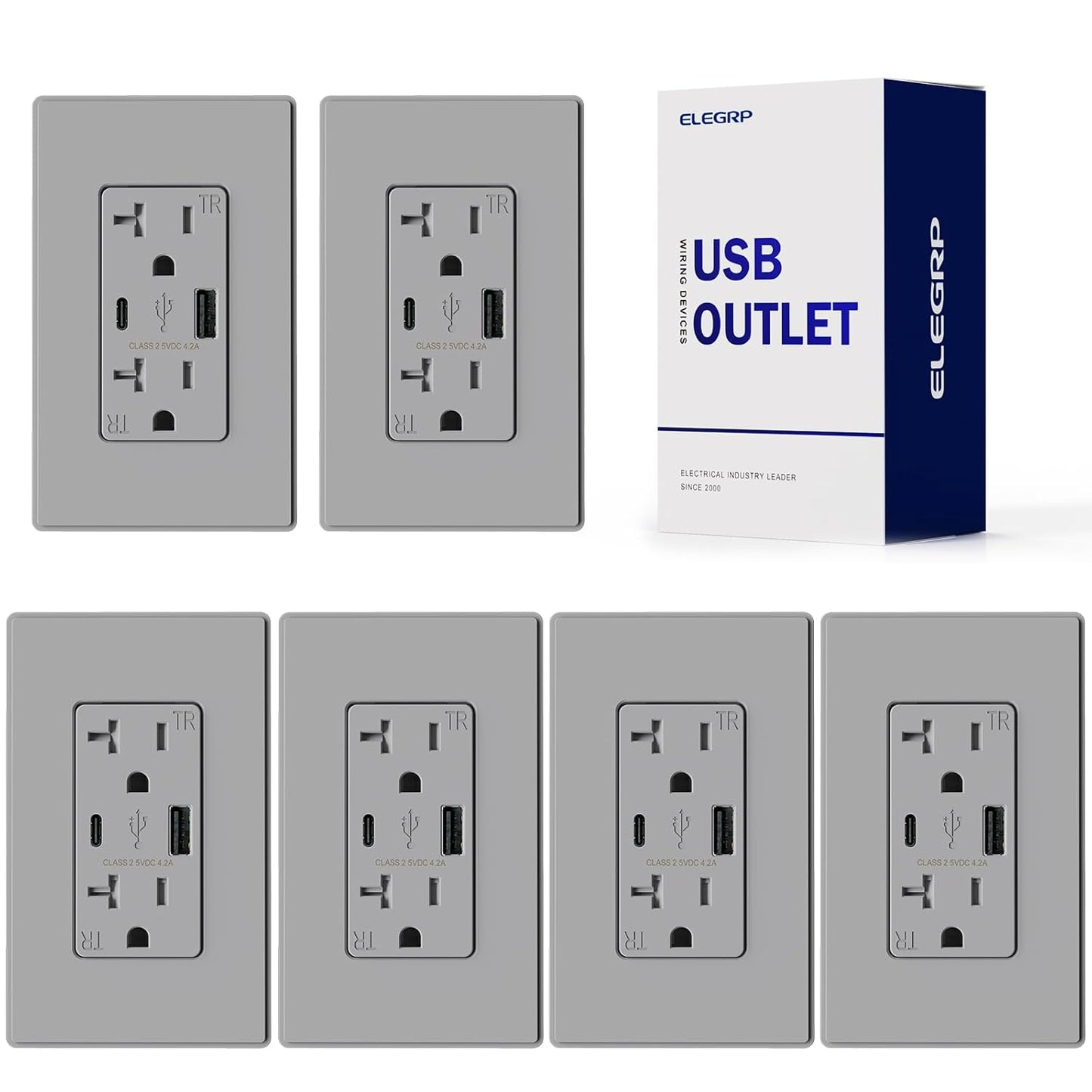 USB Wall Charger Outlet with A & C Ports - 15A Tamper Resistant, UL Listed, 6 Pack, Light Almond