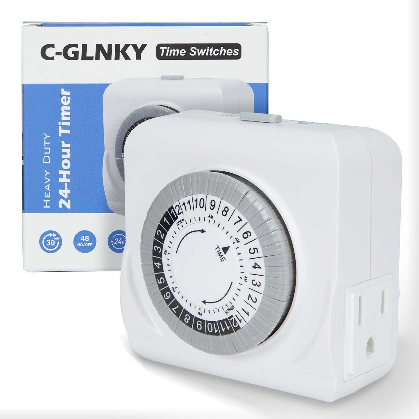 C-GLNKY 24-Hour Mechanical Timer for Electrical Outlets, Dual 3-Prong Outlets, 30-Minute Intervals, for Room Lights and Home appliances, 125V 15A, ETL Certified