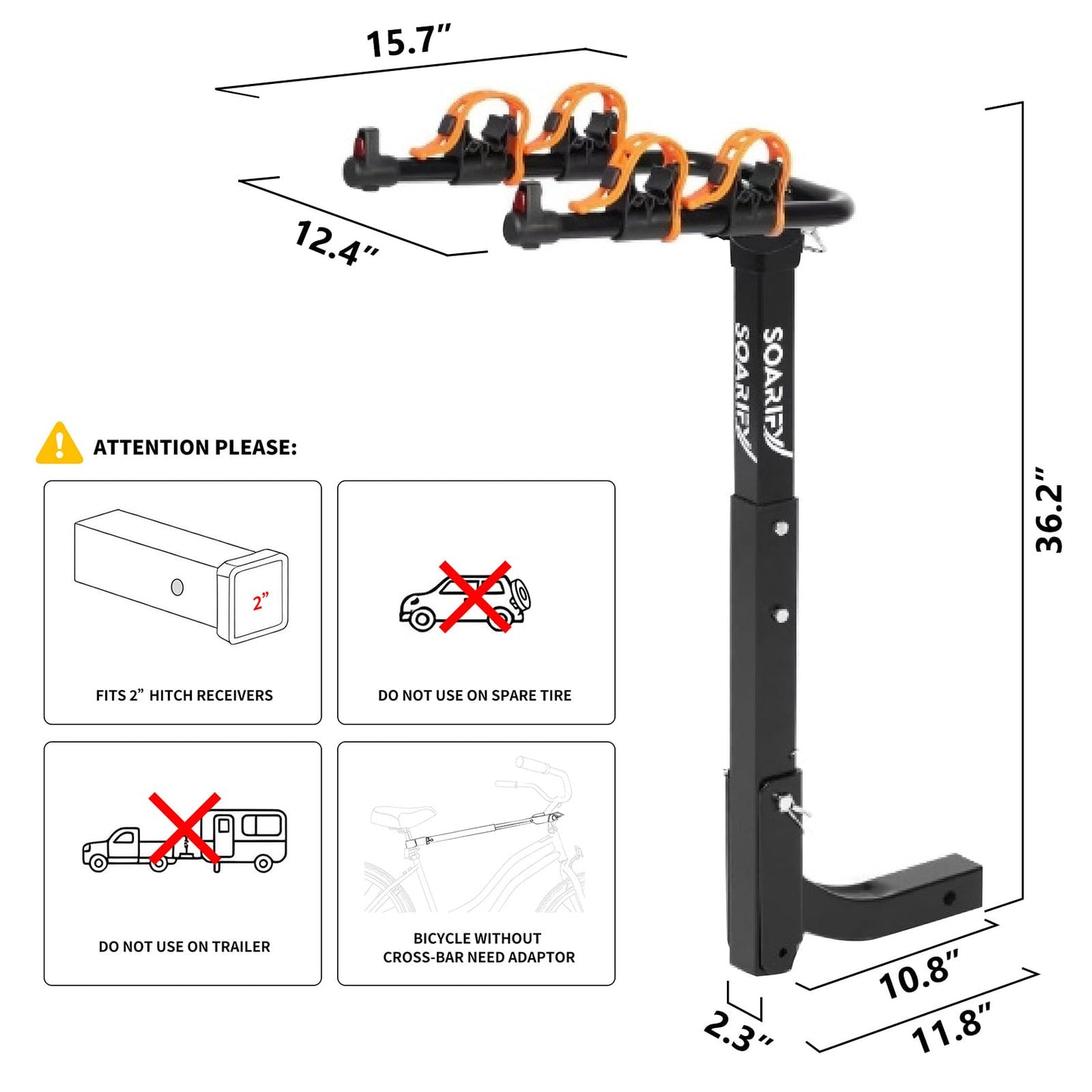 Soarify Bike Rack for Car, SUV, RV, Mount Hitch Bike Rack, Up to 143 lbs Load Bicycle Rack Carrier Rubber Straps, Tilt Release with 2" Hitch for Cars (2 Bikes)