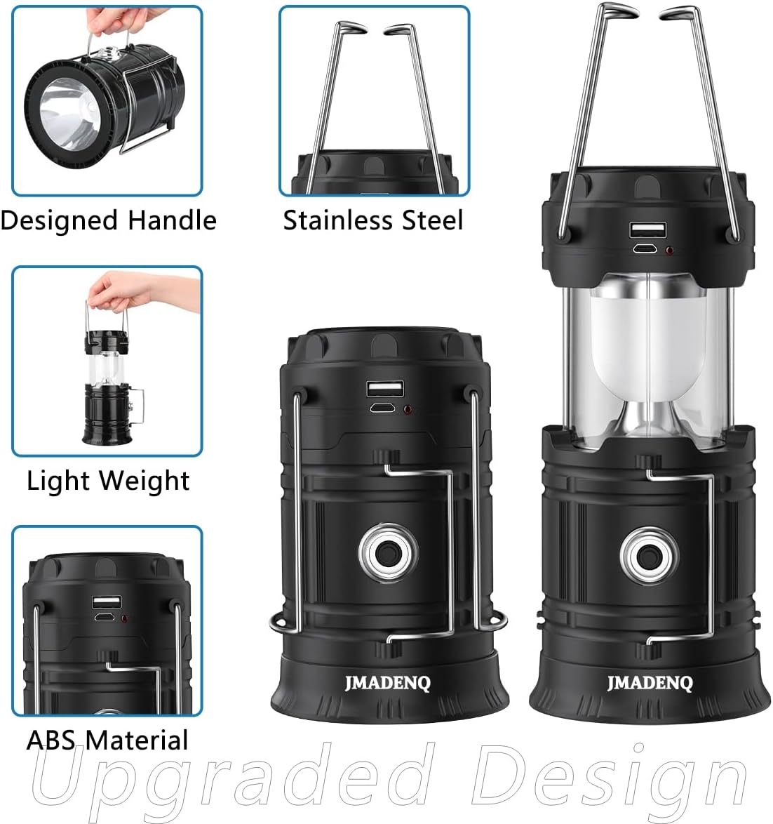 Skiennix Solar Lantern Flashlights - USB Rechargeable LED Camping Lights | Portable & Collapsible for Emergencies (2 Pack)