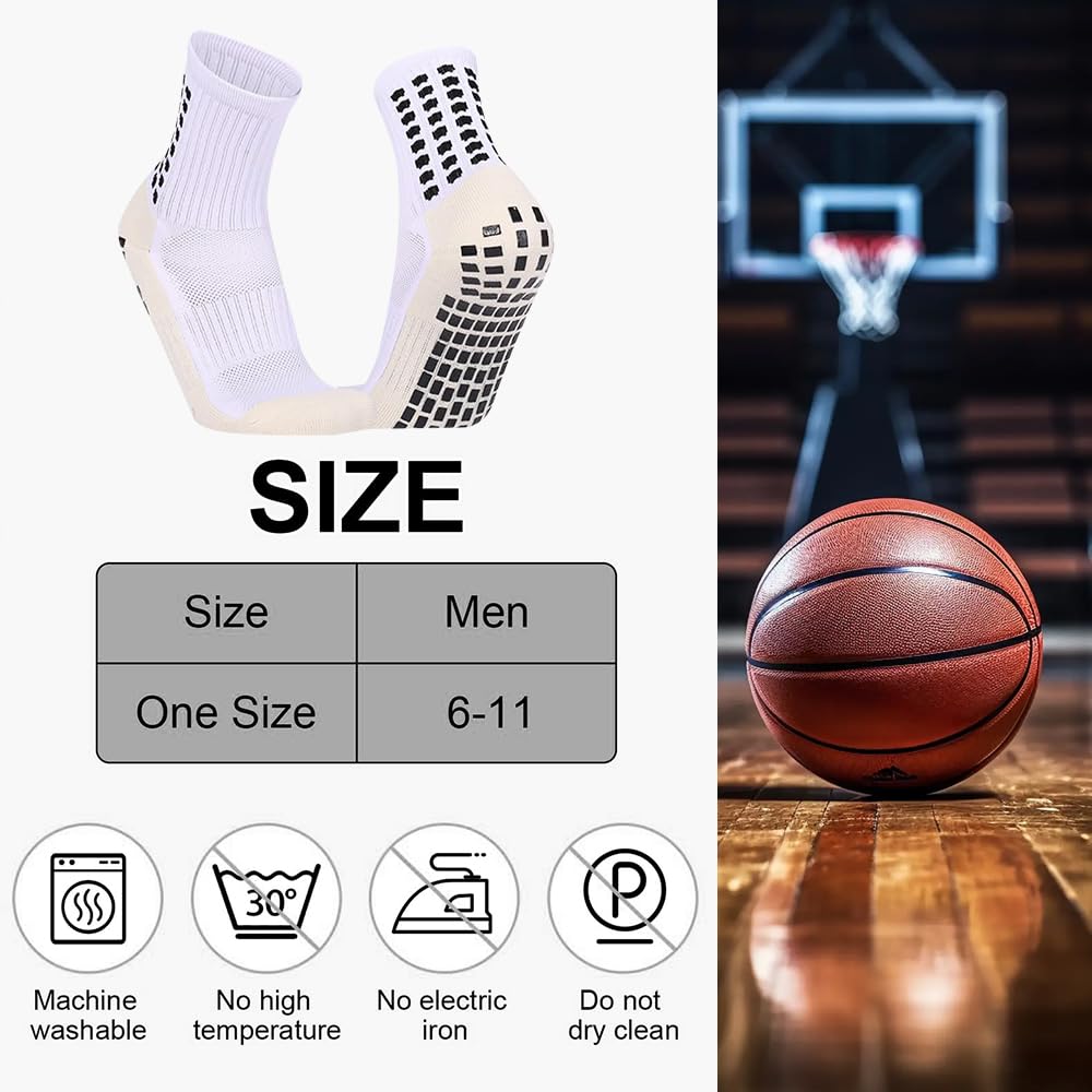 BAIBERRI 5 Pack Men's Soccer Socks Anti Slip Non-Slip Grip Pads for Football Basketball Sports Grip Soccer Socks（White）