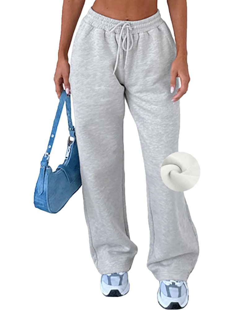 AROGONE Womens Baggy Fleece Lined Sweatpants Wide Leg Drawstring High Waisted Sweat Pants Winter Straight Leg Sweats with Pockets Grey L