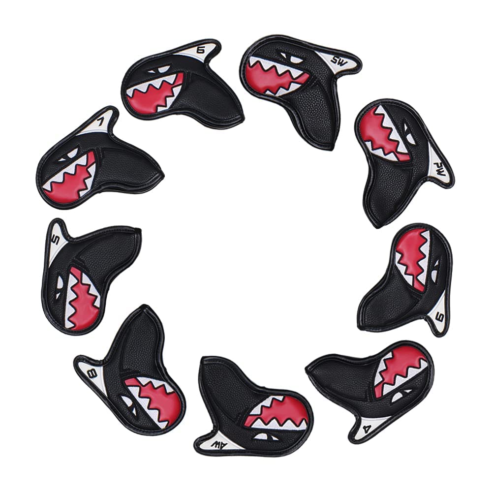 Scott Edward 9Pcs Golf Club Iron Head Covers Protector PU Leather Embroidery Number Fit Well Club 4-9/A/P/S (Black Shark)