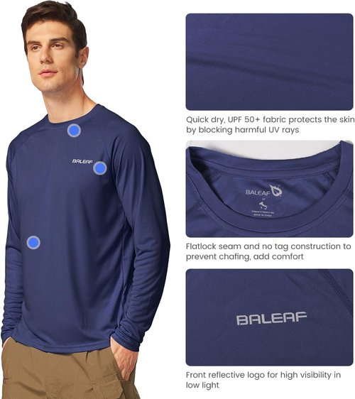 Baleaf Men's UV Protection Long Sleeve Shirts - SPF UPF 50+ Quick Dry Rash Guard for Fishing & Running