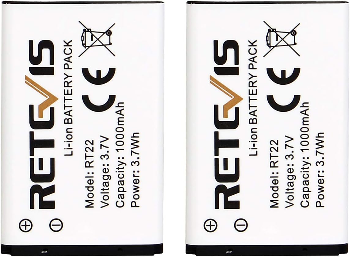 Retevis Original Li-Ion Battery for RT22, RT22S, RT15, RT19 Walkie Talkies - 3.7V 1000mAh (2 Pack)