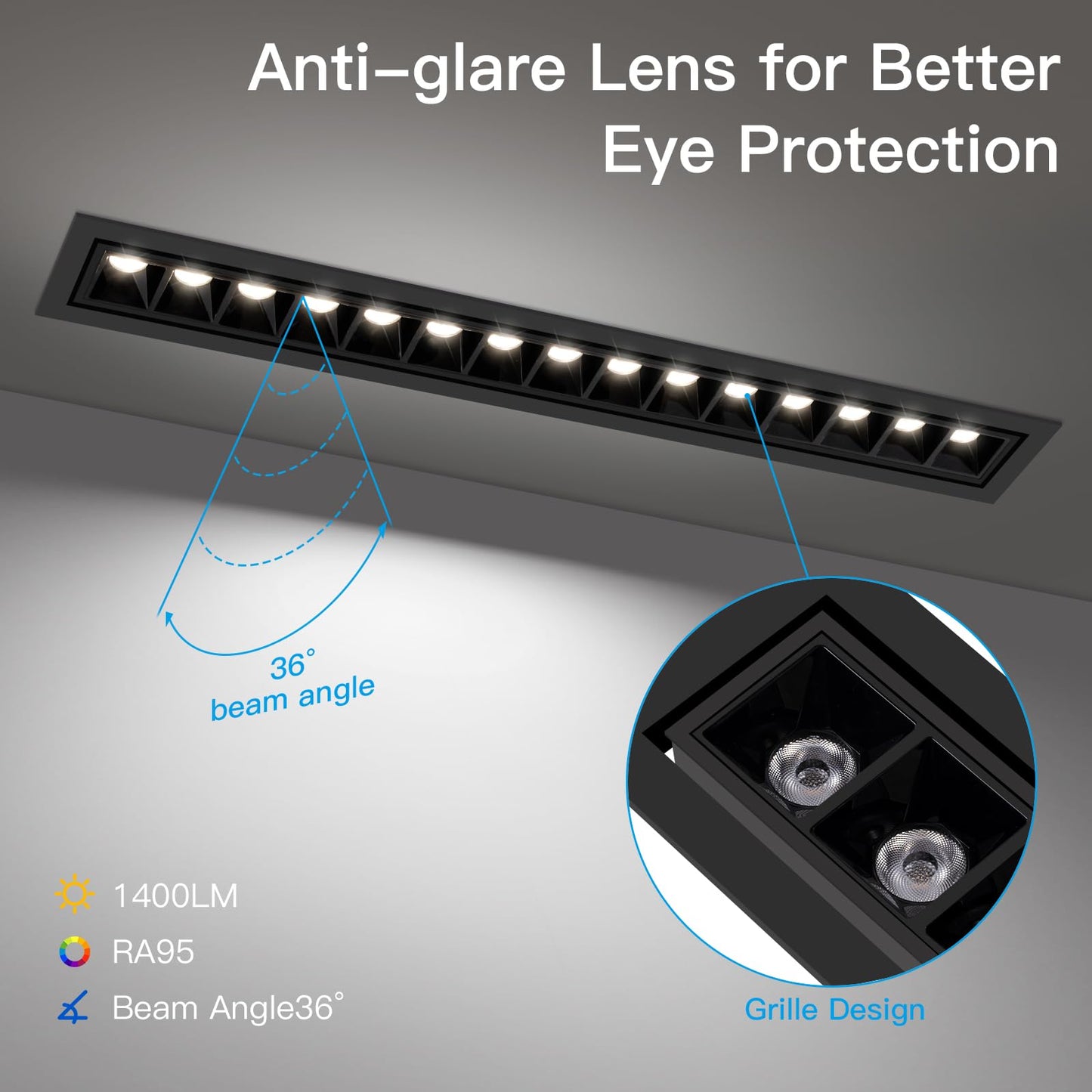 HKKQ 20W Recessed Linear LED Lighting, 3000K 1200LM Spotlightwith Beam Angle Adjustable, Downlight Indoor with TRIAC/ELV/0-10V Dimable ETL Driver in Junction Box (Ra95/36°/Black with Trim)