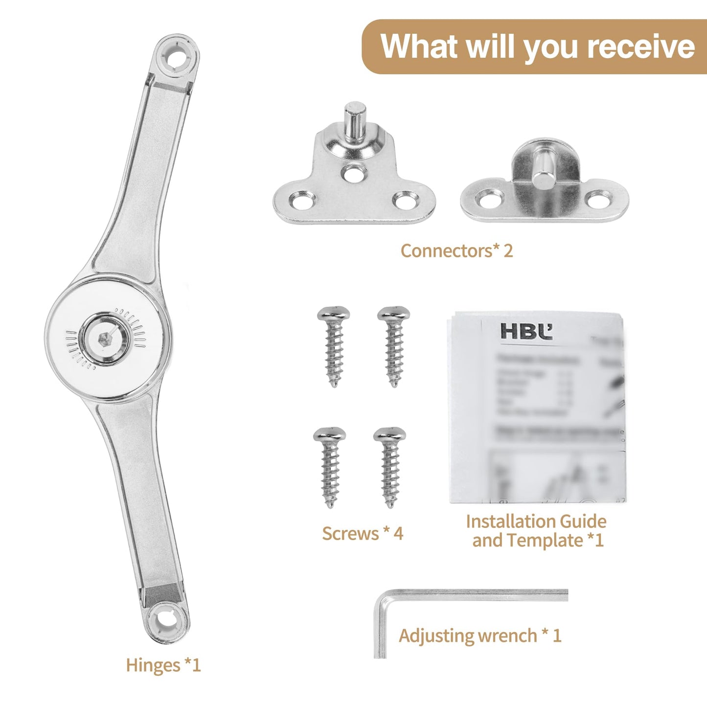 HBL' 2 Pack | Lid Support Hinges Heavy Duty Lid Stay Hinge – 110° Open Angle, Free Stop, Tension Adjustable, Supports Up to 50LBS for Upper Cabinets & RV Cabinets.