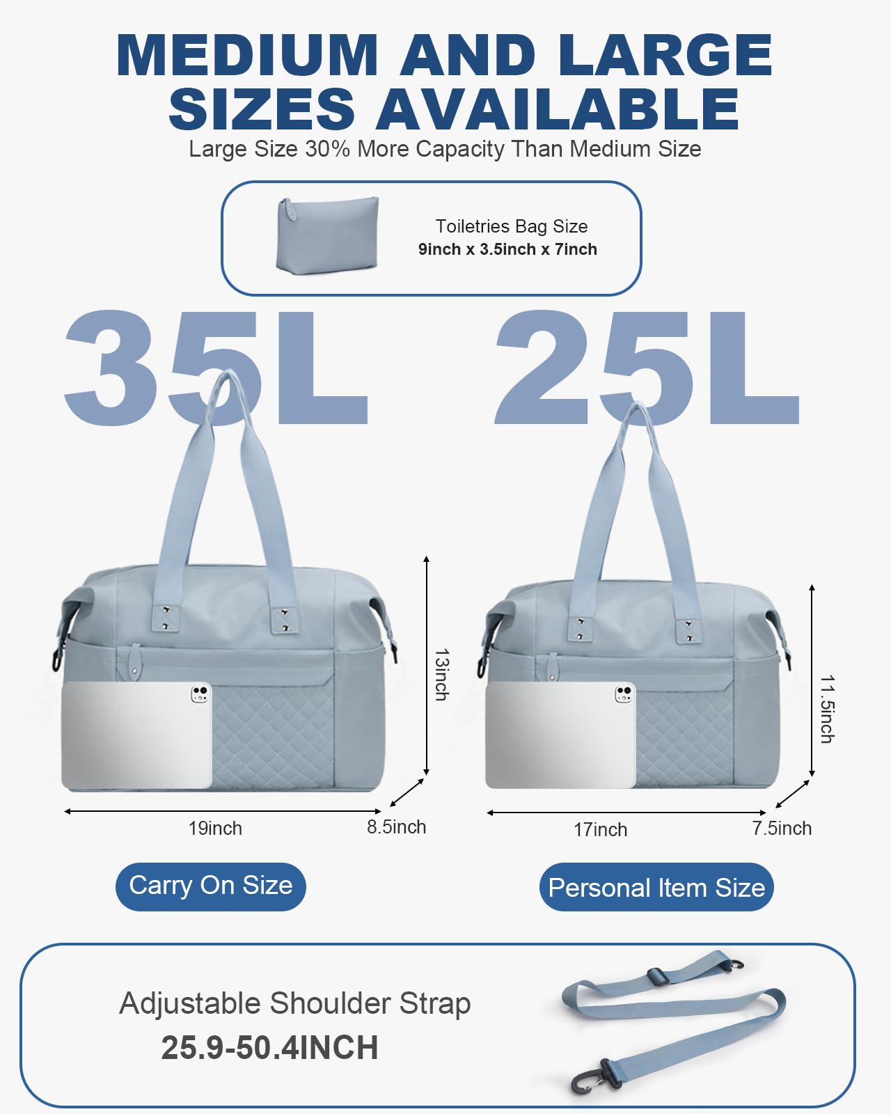 Pritent Travel Duffle Bag, Waterproof Weekender Overnight Hospital Bags for Women Men with Toiletry Bag Lightweight Personal Item Duffle Gym Bag for Travel, Airplanes, Sports(Blue, Medium)