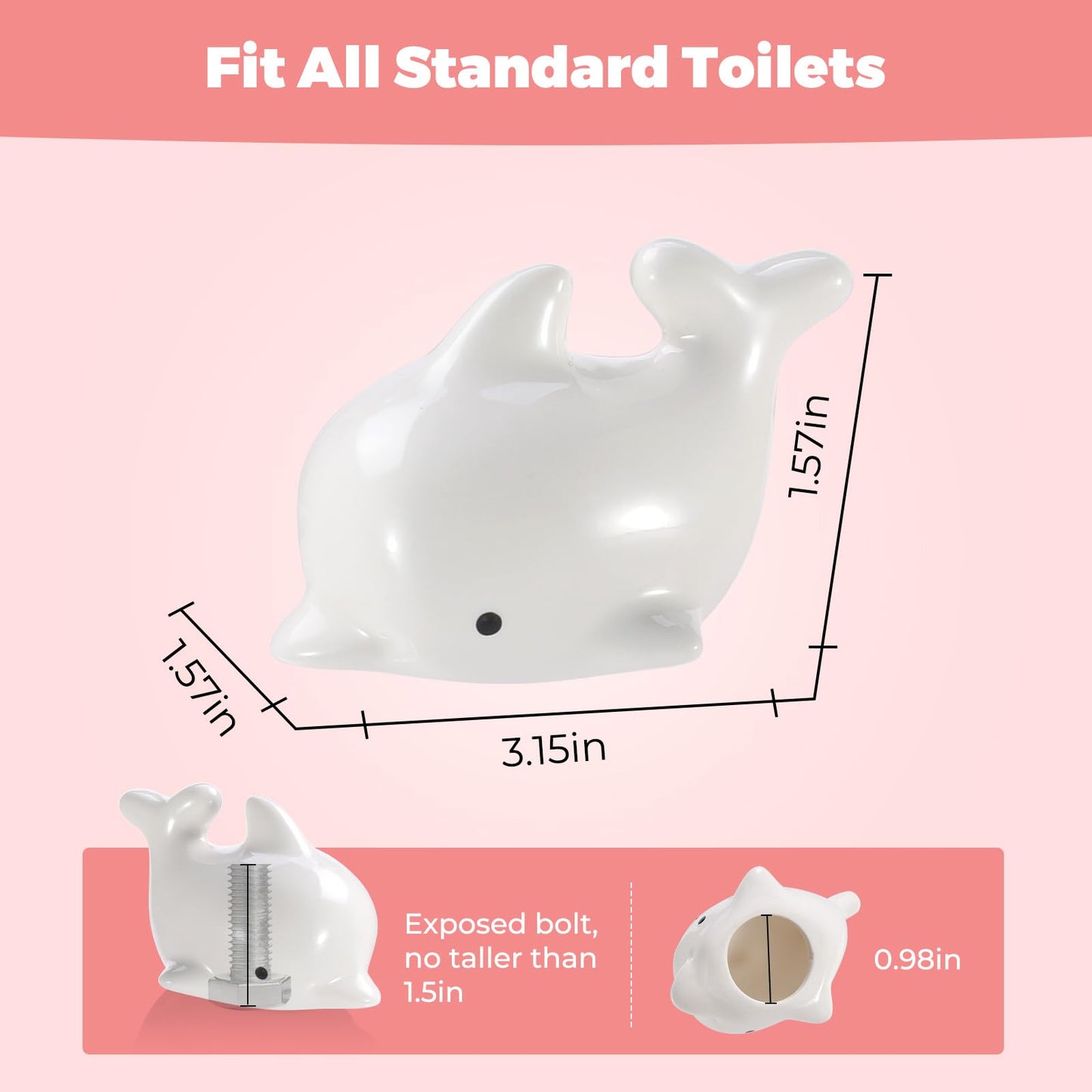 Dolphin-Shaped Ceramic Toilet Bolt Caps (2 Pack) - Decorative Toilet Bowl Bolt Cover Covers for Bathroom, Hide Unsightly Screws & Enhance Bathroom Aesthetics, Universal Fit Toilet Screw Covers (White)