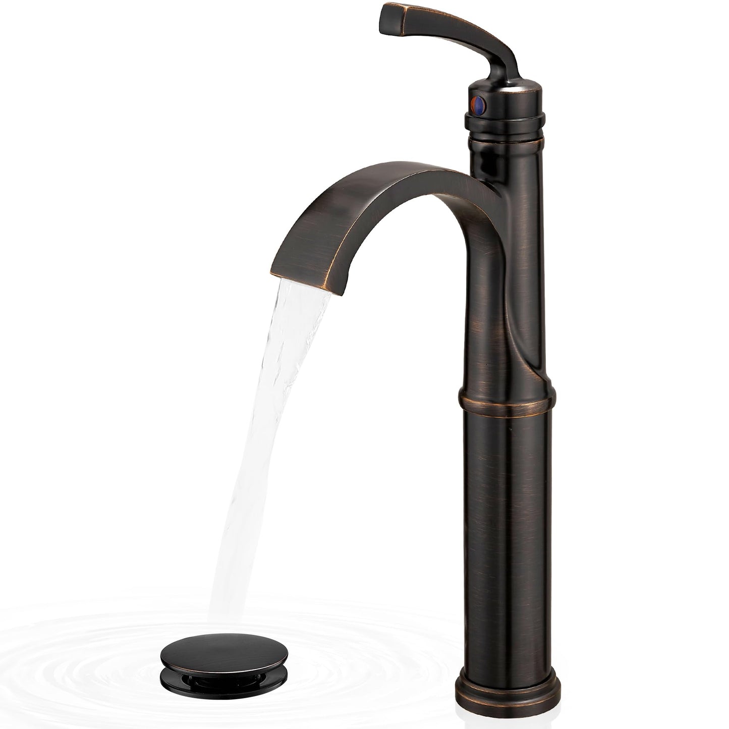 HEYMYTAP Vessel Sink Faucet, Oil Rubbed Bronze Waterfall Bathroom Sink Faucets, Brass Tall Bathroom Faucet Vanity Faucet 1 Hole Restroom Faucet Single Handle with Pop-up Drain Supply Hose