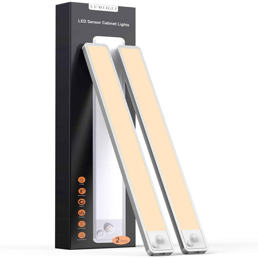 LUMIJOLI 2 Pack Under Cabinet Lighting Wireless 10inch LED Motion Sensor Magnetic Light 2200maAh Rechargeable Indoor Closet Lights for Kitchen, Stairs Warm White