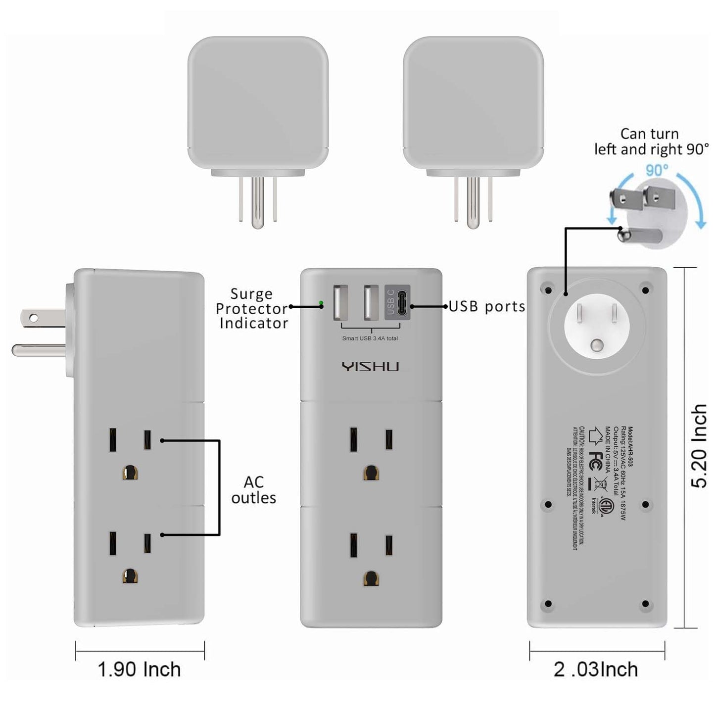 Multi Plug Outlet Surge Protector - YISHU Outlet Extender with Rotating Plug, 6 AC Outlets and 3 USB Ports, 3-Sided Swivel Power Strip Ideal Stocking Stuffers, Gray