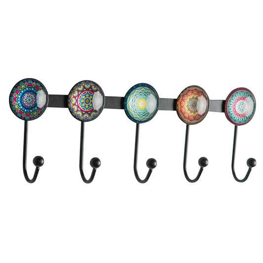 Banllis Boho Coat Rack Wall Mounted with 5 Hooks, Multi-Color Mandala Pattern Decorative Wall Hooks for Hanging Hat, Key, Towel, Purse, Bag, and Robe - for Entryway, Bathroom, and Office