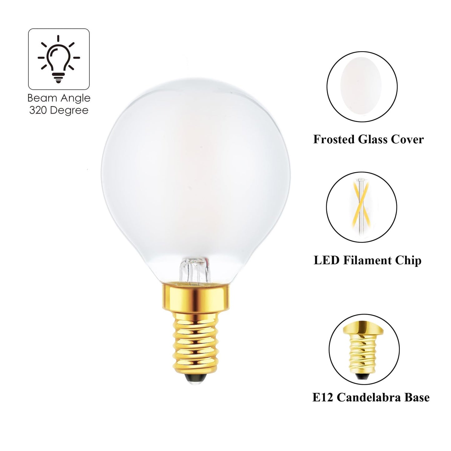 Sunaiony E12 Globe LED Bulbs 2W G16.5 Light Bulbs 25 Watt Equivalent, E12 Round Candelabra Bulbs Dimmable 2700K Warm White Frosted Glass, 6 Pack