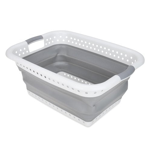 Camco Collapsible Utility Laundry Basket - Waterproof Design Easily Fits Into Compact Spaces - Great for Traveling, RVs, Trailers Camping, Dorms, Small Spaces and More - White/Gray -(51903)