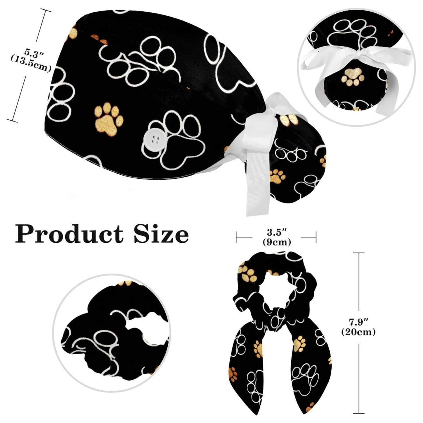 CHENZZZZ Dog Footprints Working Cap with Scrunchy and Ribbon Tie for Women, Long Hair