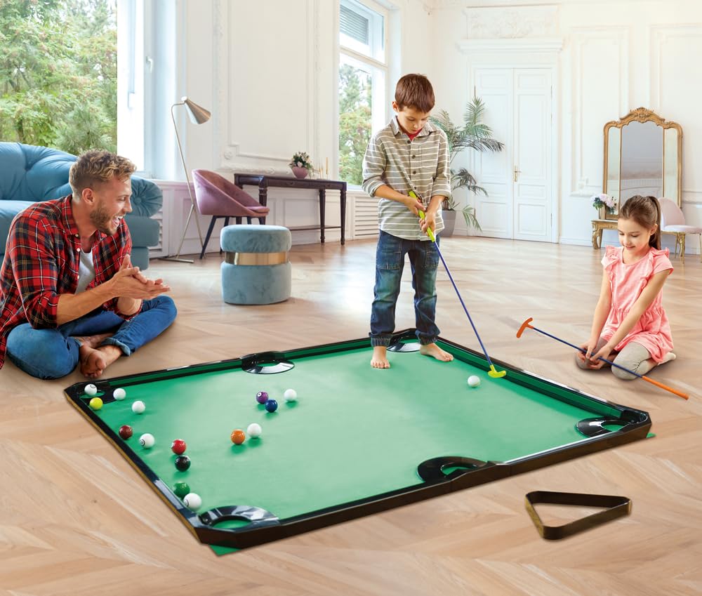 GOODLYSPORTS Pool Golf Indoor Family Game with Putting Mat 69.3 L x 57.5" W, Includes 2 Clubs, 16 Ball, 6 Holes, Golf Putting Mat Indoor Golf Game, Putting Green, Golf Games for Adults Indoor
