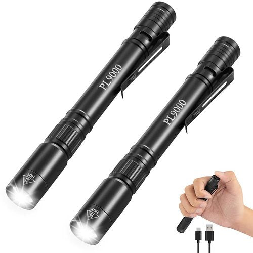 2Pack Pen Flashlight Rechargeable PL9000, 5Mode Bright Pen Light Flashlight High Lumens, Waterproof Pocket Flashlights, EDC Adjustable Tactical Flash Light, LED Small Lights with Clip for Emergencies