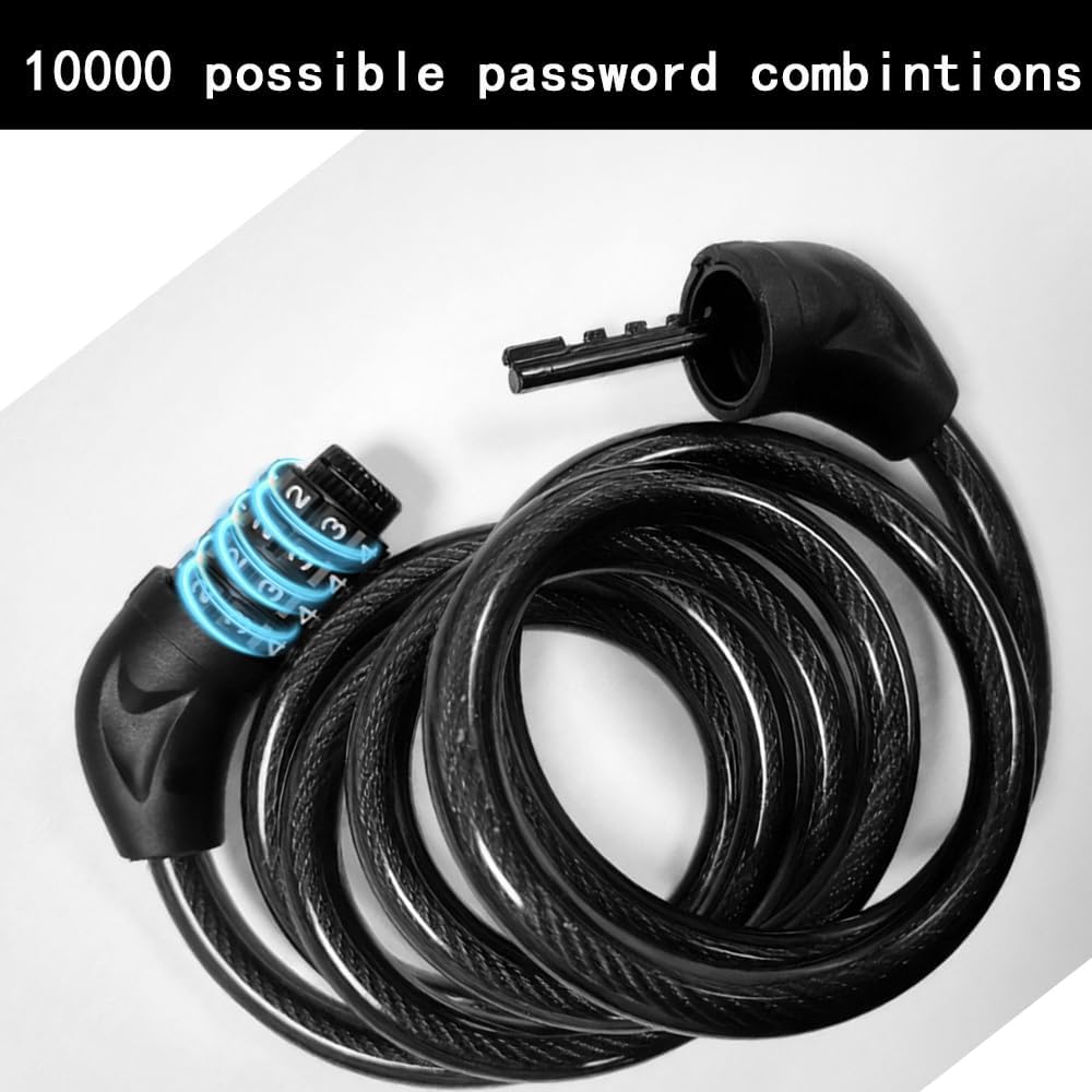 Skiennix Bicycle Cable Lock - 4-Digit Combination, 6-Foot Length, Resettable Anti-Theft | Black