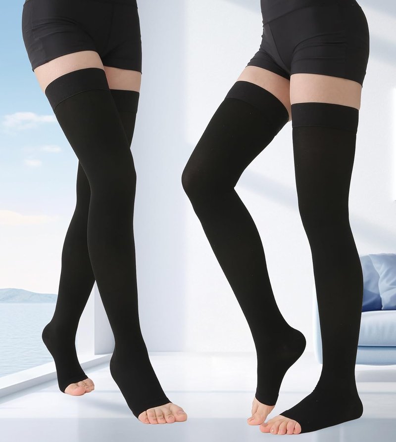 MGANG Medical Thigh High Compression Stockings for Men & Women, Pair, Open Toe, 20-30 mmHg Graduated Compression Support Hose, Opaque, Best for Varicose Veins, Edema, Flight, DVT, Swelling, Black XL