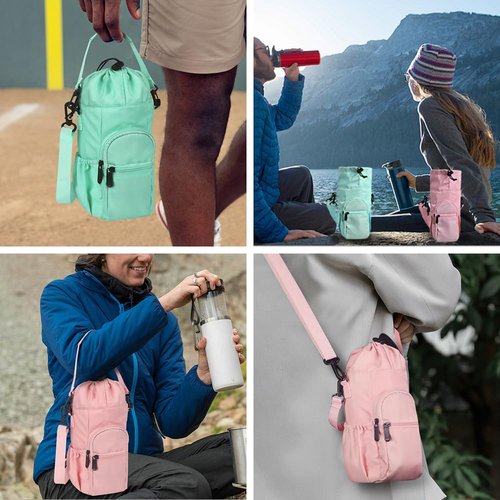 AMIVIE Water Bottle Carrier Bag,32/40oz Water Bottle Holder with Strap,with Adjustable Shoulder Strap 2 Pockets Sports Water Bottle Accessories for Hiking Travelling Camping (Green)