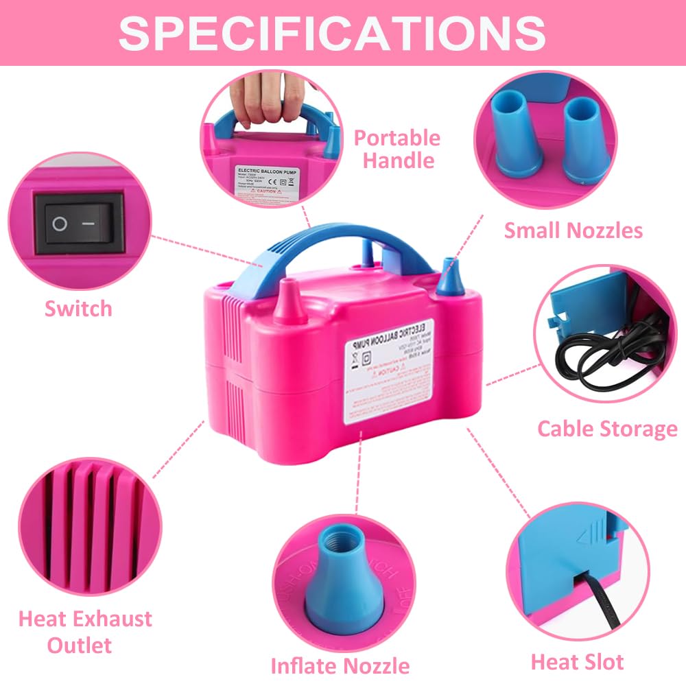 Electric Air Balloon Pump, Portable 110V 600W Dual Nozzle Electric Blower Air Pump Inflator for Decoration Party with Balloons, Tying Tool and Accessories (Rose Red)