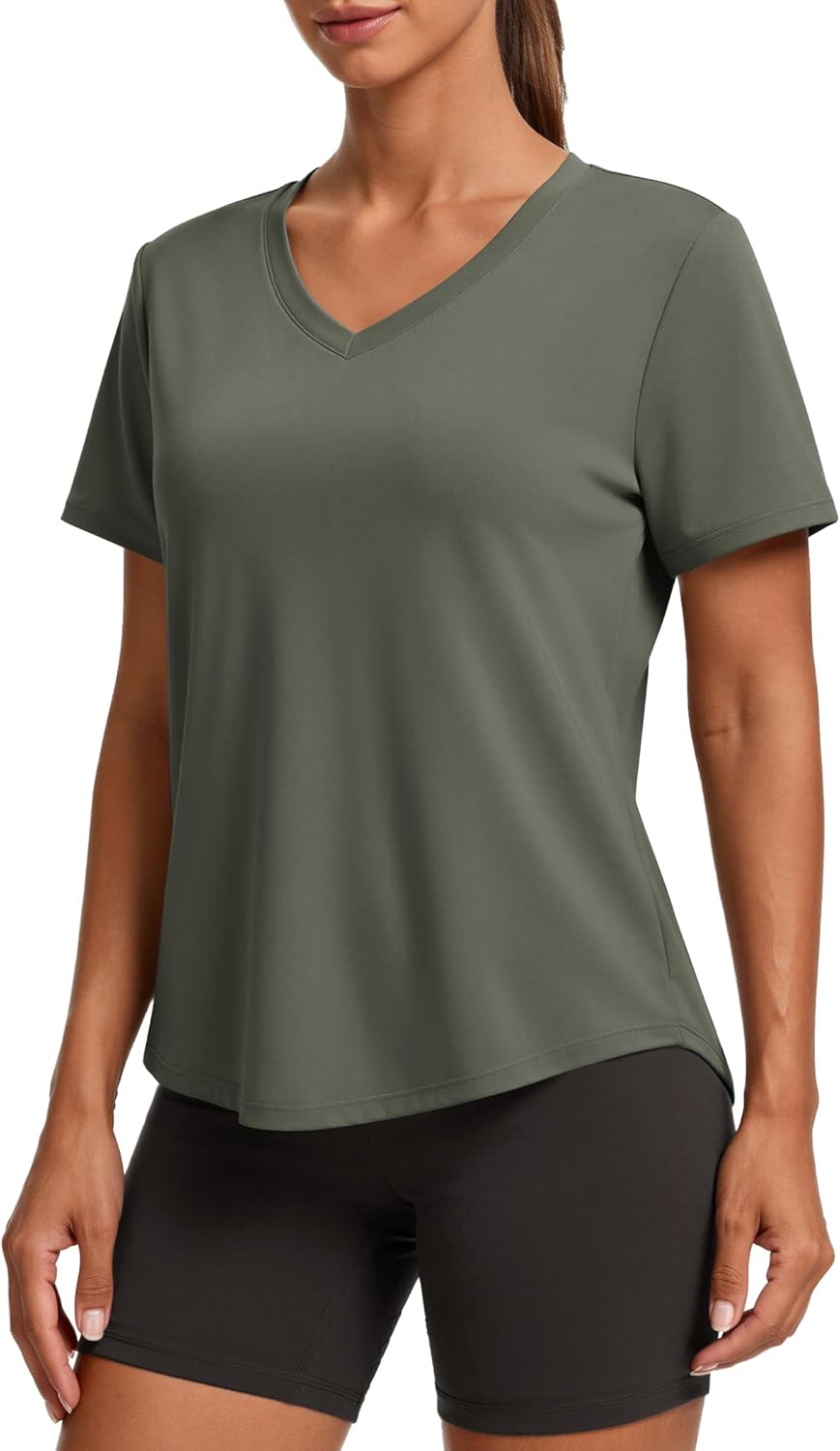 PINSPARK Soft Workout Tops for Women - Short Sleeve V Neck | Moisture Wicking & UPF 50+ Sun Protection