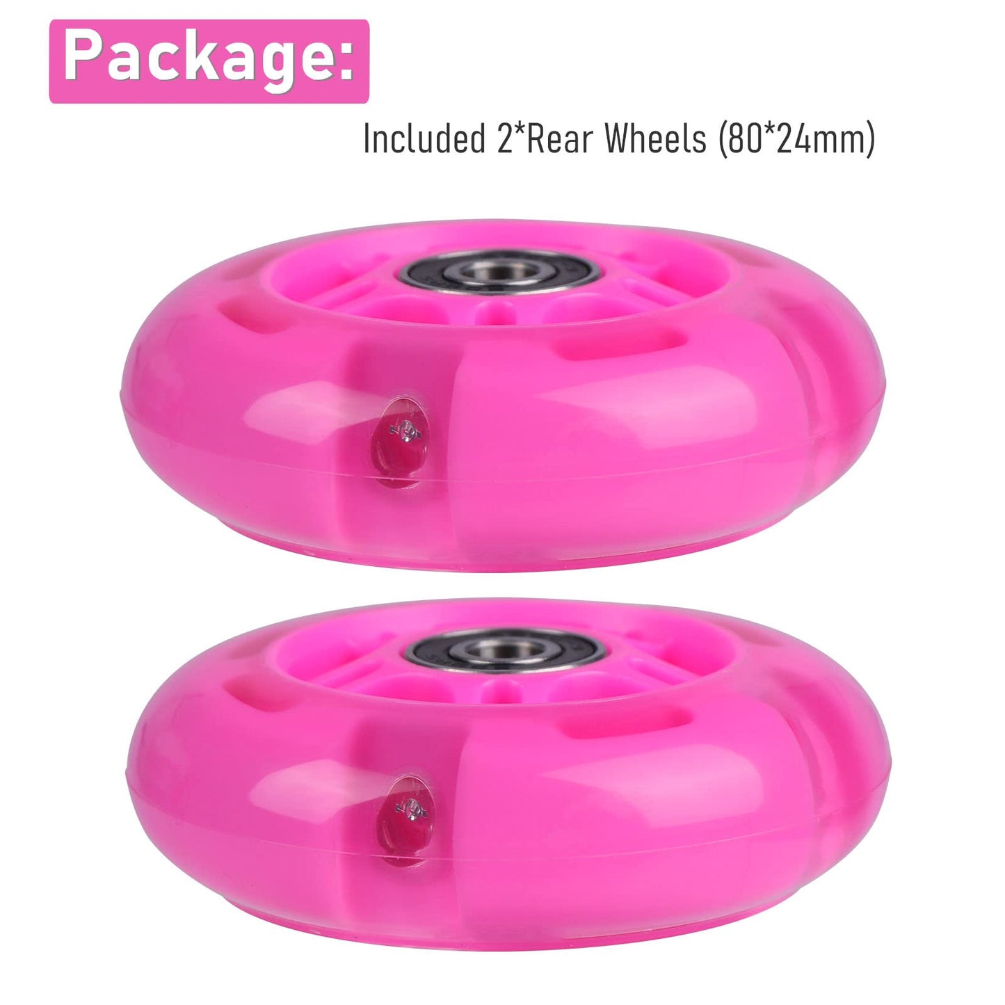 WHEELGOO 2-Pack Rear 80mm Colorful Flashing 3-Wheeled Kid Scooter Replacement Wheels for Kid Push Kick Scooter (Pink)