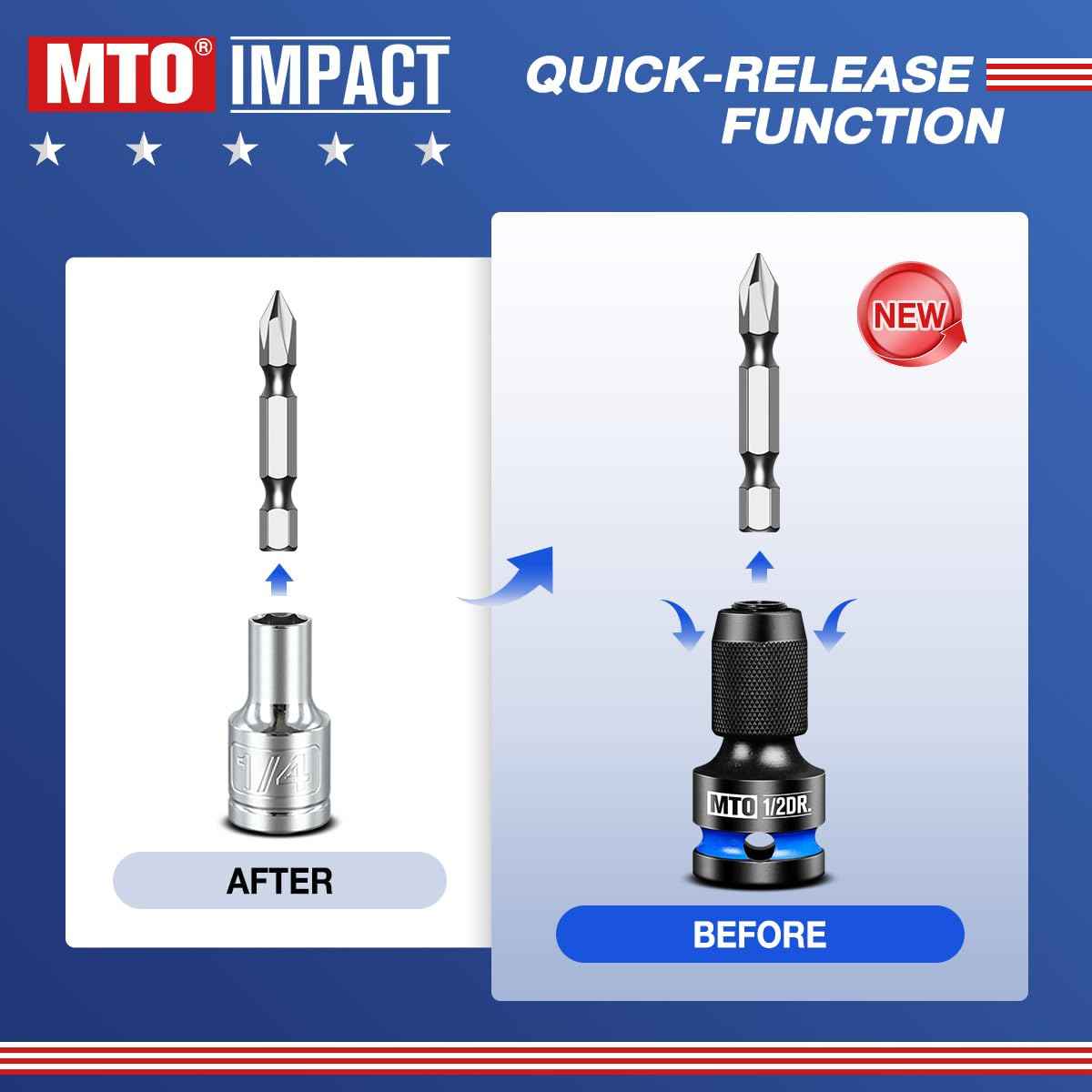 MTO 1/2 3/8 1/4-Inch Square Drive to 1/4-Inch Hex Socket Adapter, 3PCS Quick Release Impact Bit Holder, for Impact Wrench Ratchet, CR-MO