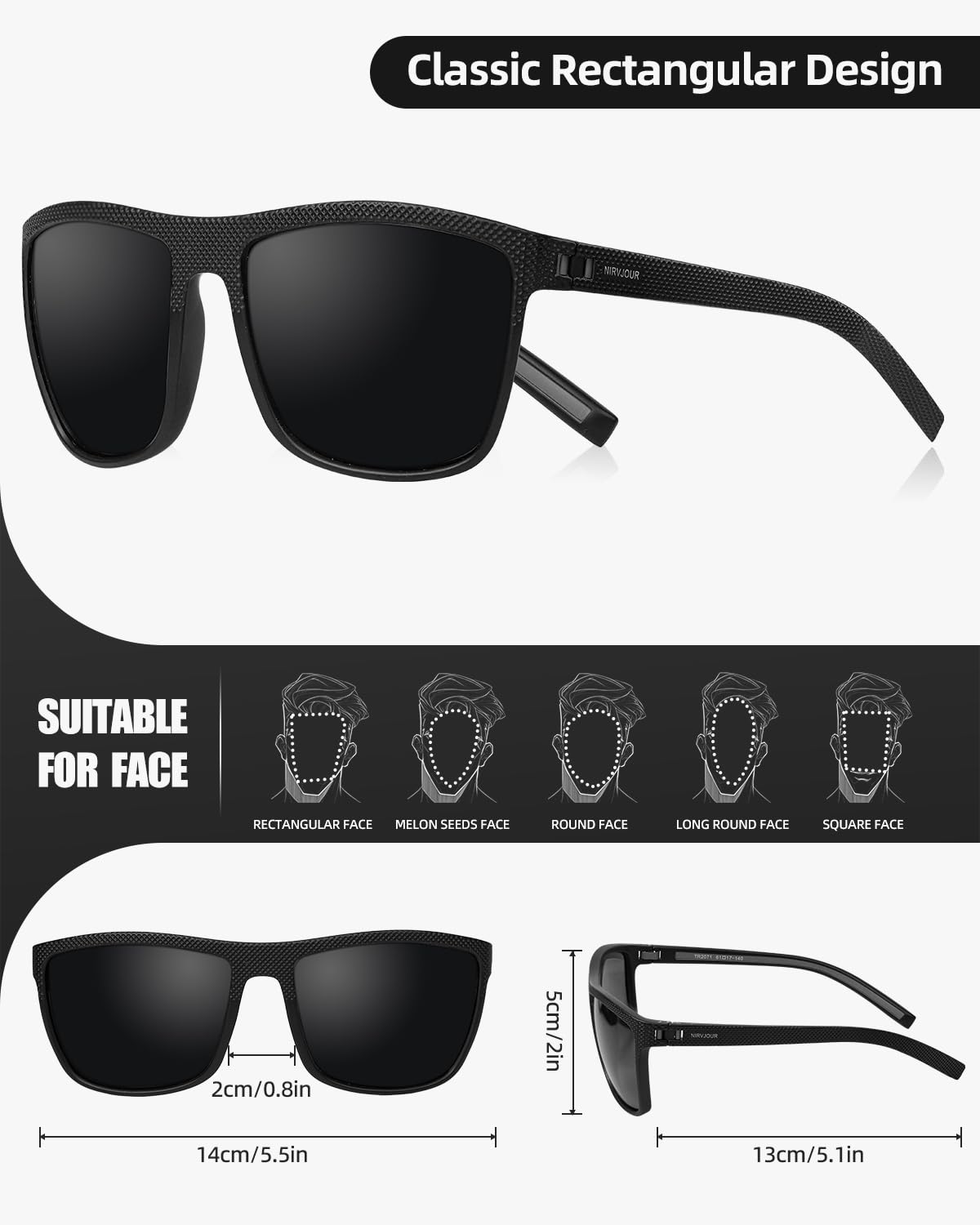 Nirvjour Polarized Sunglasses for Men Lightweight TR90 Frame UV Protection Sun Glasses for Driving Fishing Golf